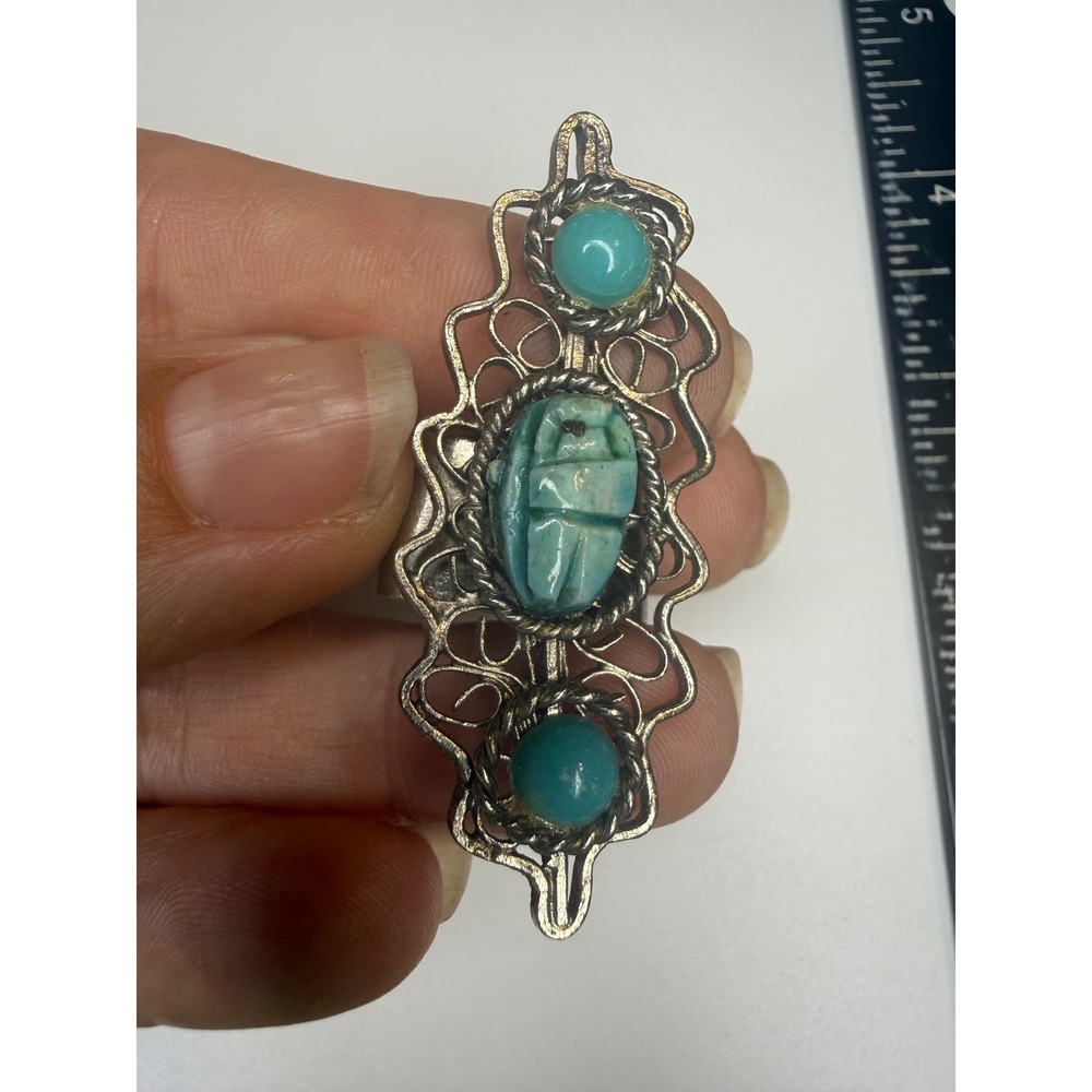 Turquoise Scarab Filigree Statement Ring Egyptian Revival Silver Tone Adjustable